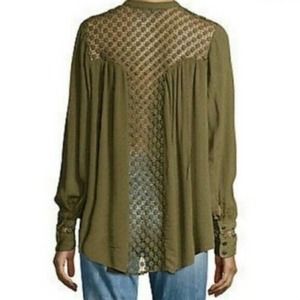 Free People Blouse Olive Green Button Up Embroidered Lace Long Sleeves XS